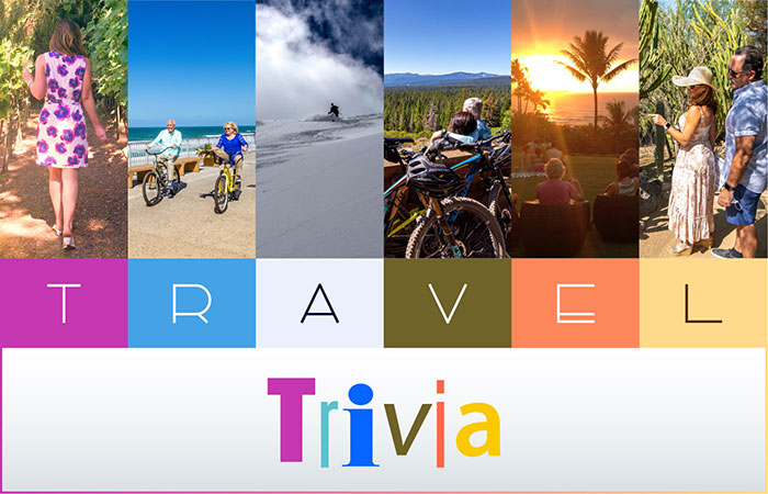 Travel trivia in colorful letters with collage of destination images