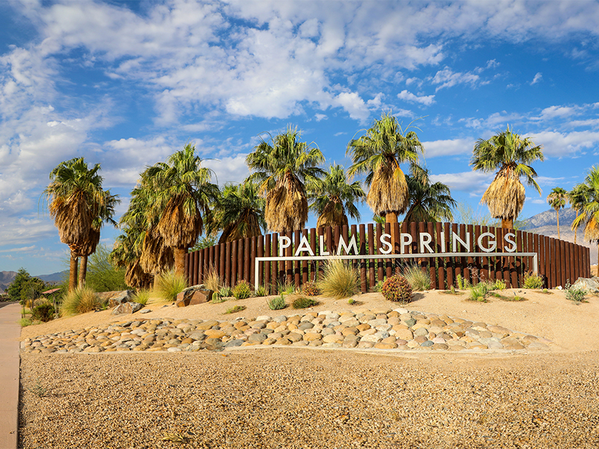 Palm springs sign with palm trees in background