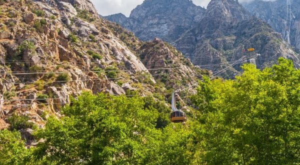 Palm Springs aerial tramway with mountains and trees